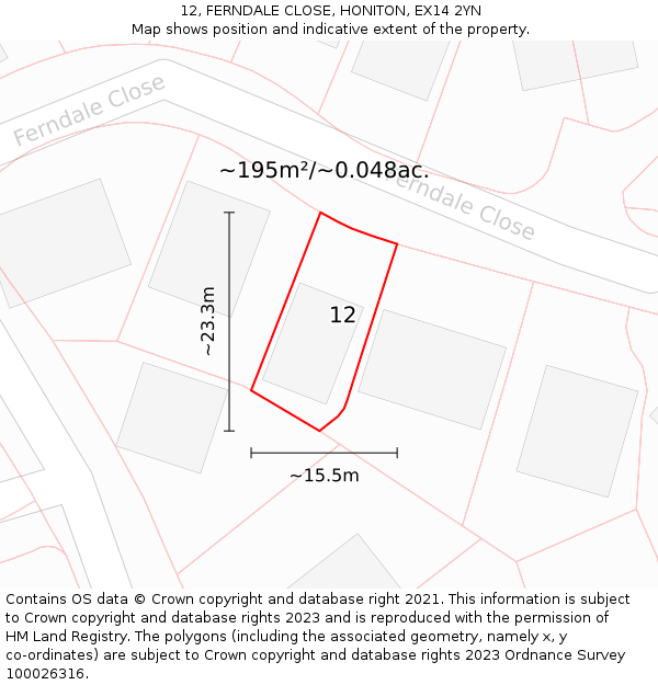 12, FERNDALE CLOSE, HONITON, EX14 2YN: Plot and title map
