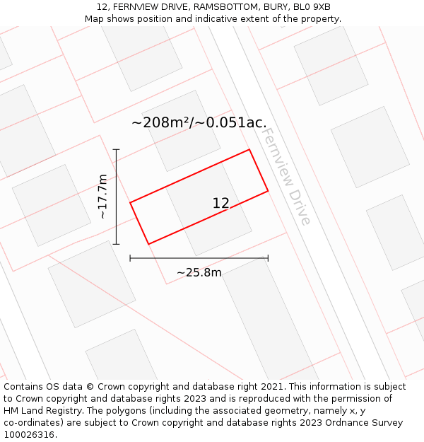 12, FERNVIEW DRIVE, RAMSBOTTOM, BURY, BL0 9XB: Plot and title map