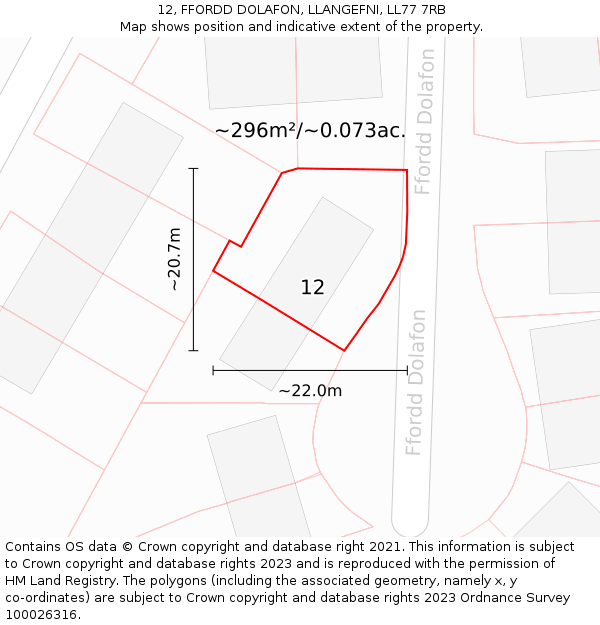 12, FFORDD DOLAFON, LLANGEFNI, LL77 7RB: Plot and title map