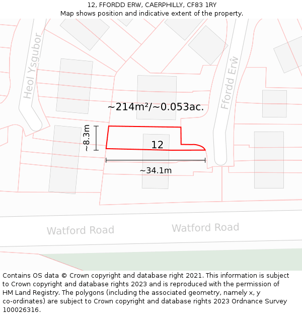 12, FFORDD ERW, CAERPHILLY, CF83 1RY: Plot and title map