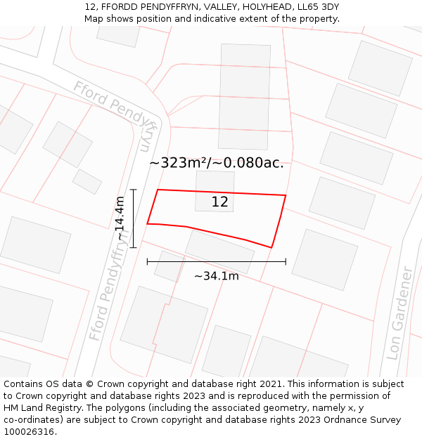 12, FFORDD PENDYFFRYN, VALLEY, HOLYHEAD, LL65 3DY: Plot and title map