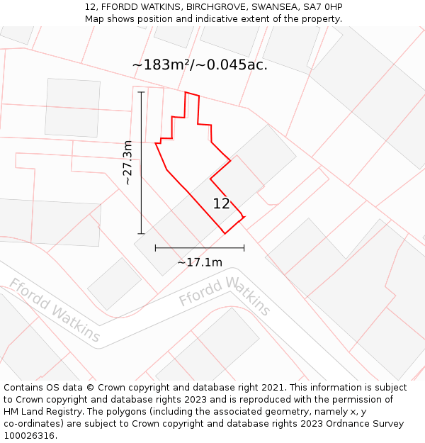 12, FFORDD WATKINS, BIRCHGROVE, SWANSEA, SA7 0HP: Plot and title map