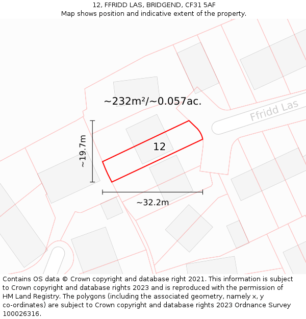 12, FFRIDD LAS, BRIDGEND, CF31 5AF: Plot and title map