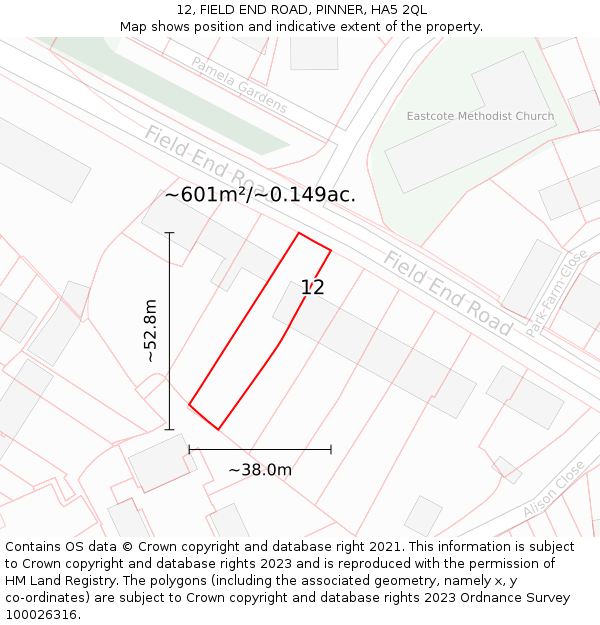 12, FIELD END ROAD, PINNER, HA5 2QL: Plot and title map