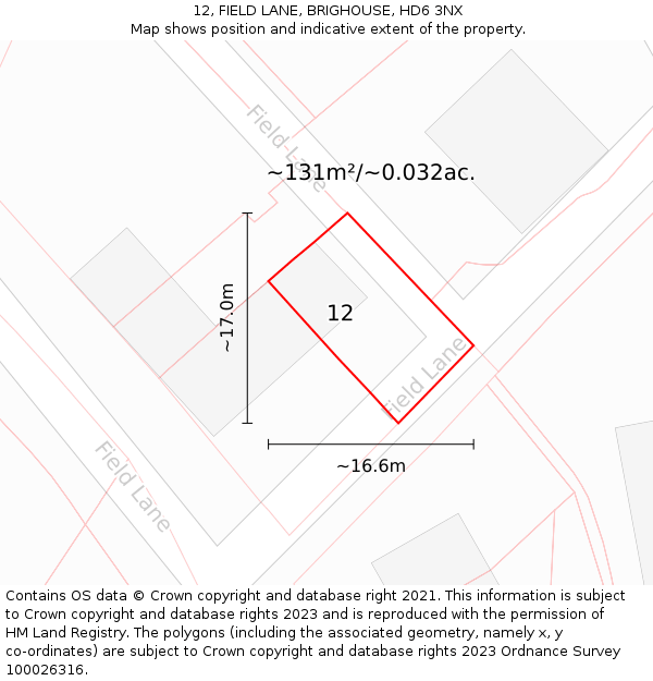 12, FIELD LANE, BRIGHOUSE, HD6 3NX: Plot and title map