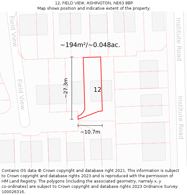 12, FIELD VIEW, ASHINGTON, NE63 8BP: Plot and title map