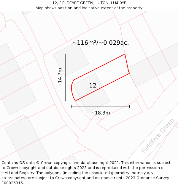 12, FIELDFARE GREEN, LUTON, LU4 0YB: Plot and title map