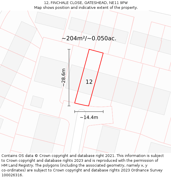 12, FINCHALE CLOSE, GATESHEAD, NE11 9PW: Plot and title map