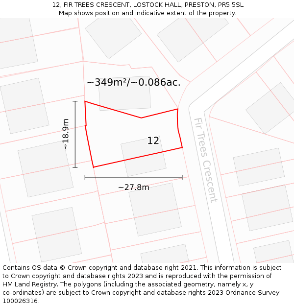 12, FIR TREES CRESCENT, LOSTOCK HALL, PRESTON, PR5 5SL: Plot and title map