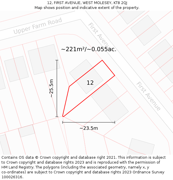 12, FIRST AVENUE, WEST MOLESEY, KT8 2QJ: Plot and title map