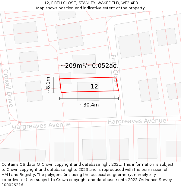 12, FIRTH CLOSE, STANLEY, WAKEFIELD, WF3 4PR: Plot and title map