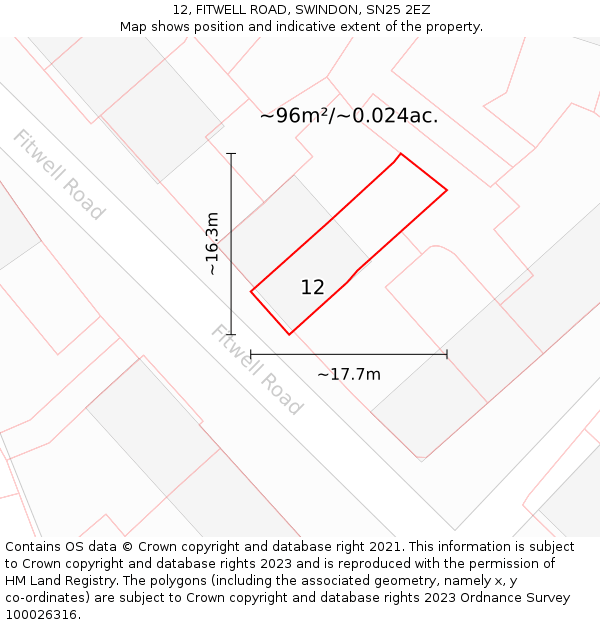 12, FITWELL ROAD, SWINDON, SN25 2EZ: Plot and title map