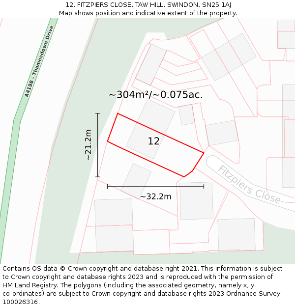 12, FITZPIERS CLOSE, TAW HILL, SWINDON, SN25 1AJ: Plot and title map