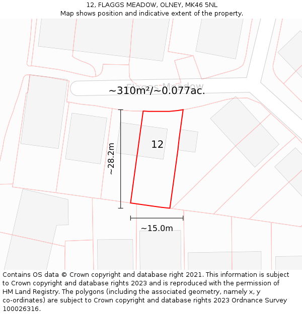 12, FLAGGS MEADOW, OLNEY, MK46 5NL: Plot and title map
