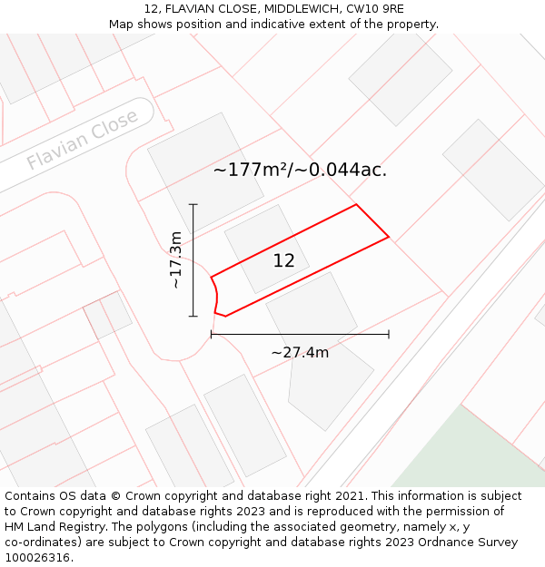 12, FLAVIAN CLOSE, MIDDLEWICH, CW10 9RE: Plot and title map