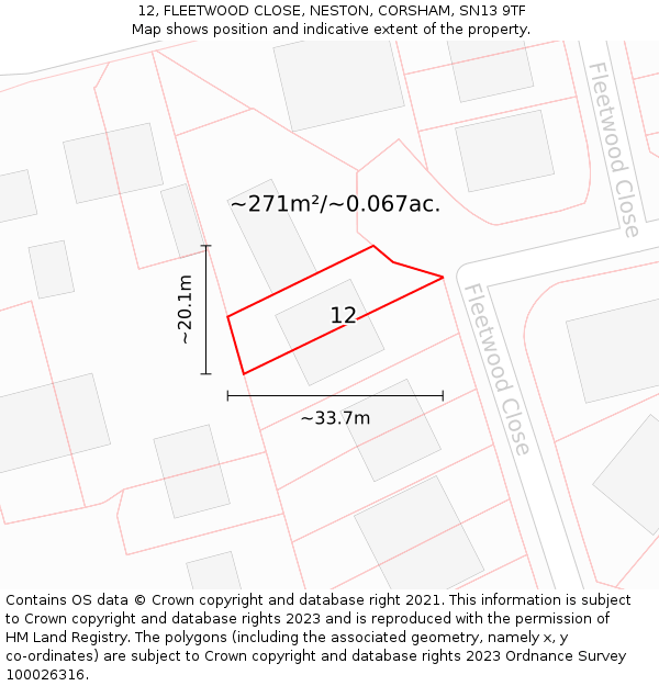 12, FLEETWOOD CLOSE, NESTON, CORSHAM, SN13 9TF: Plot and title map
