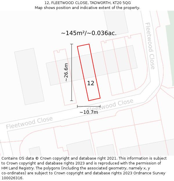 12, FLEETWOOD CLOSE, TADWORTH, KT20 5QG: Plot and title map