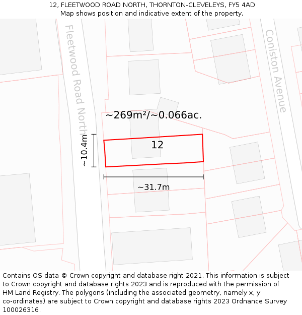12, FLEETWOOD ROAD NORTH, THORNTON-CLEVELEYS, FY5 4AD: Plot and title map
