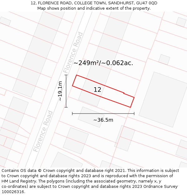 12, FLORENCE ROAD, COLLEGE TOWN, SANDHURST, GU47 0QD: Plot and title map