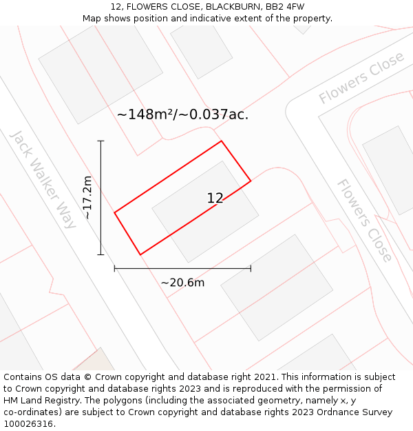 12, FLOWERS CLOSE, BLACKBURN, BB2 4FW: Plot and title map