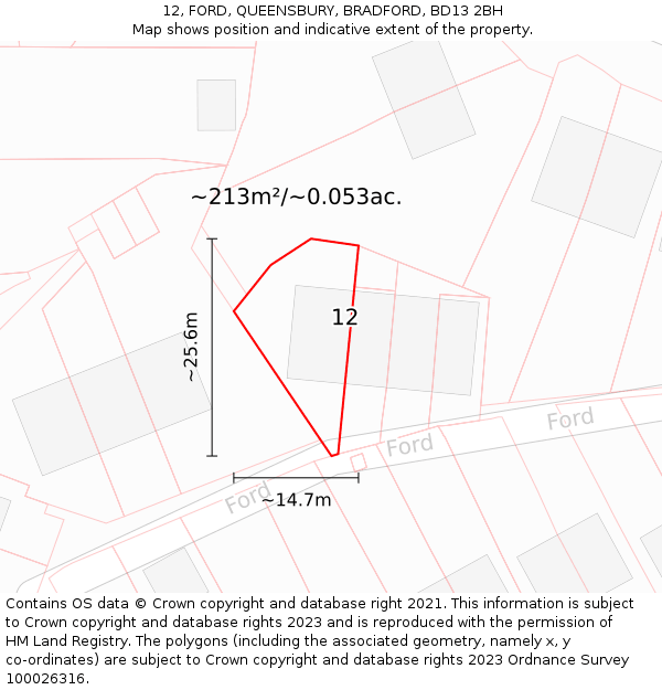 12, FORD, QUEENSBURY, BRADFORD, BD13 2BH: Plot and title map