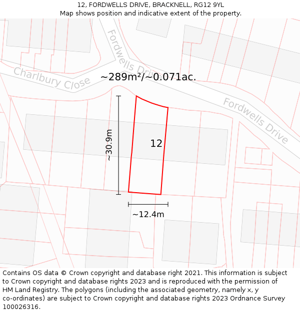 12, FORDWELLS DRIVE, BRACKNELL, RG12 9YL: Plot and title map
