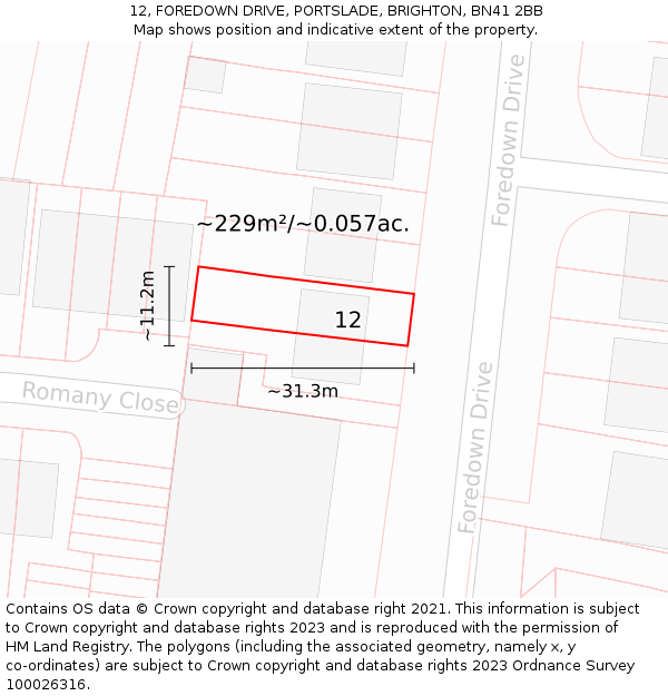 12, FOREDOWN DRIVE, PORTSLADE, BRIGHTON, BN41 2BB: Plot and title map