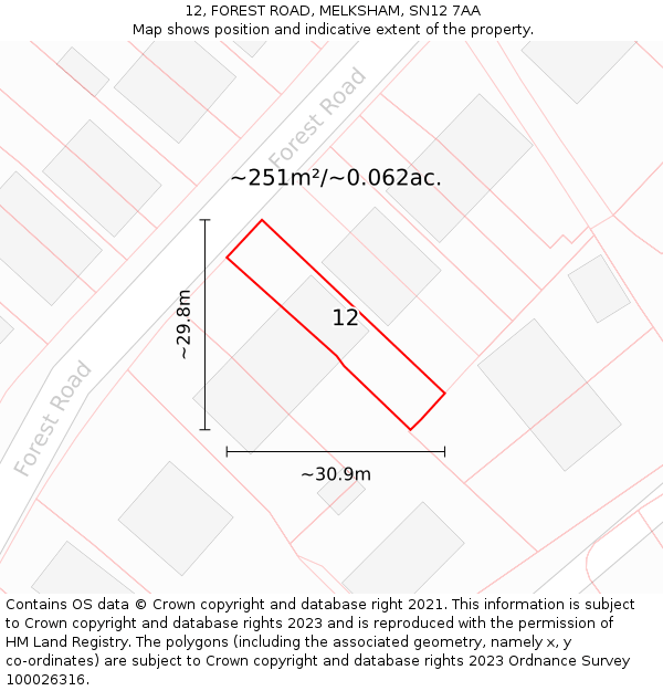 12, FOREST ROAD, MELKSHAM, SN12 7AA: Plot and title map