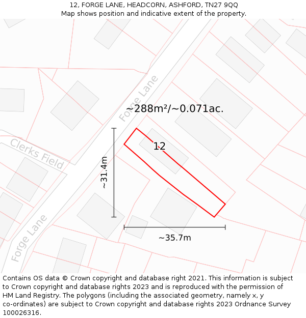 12, FORGE LANE, HEADCORN, ASHFORD, TN27 9QQ: Plot and title map