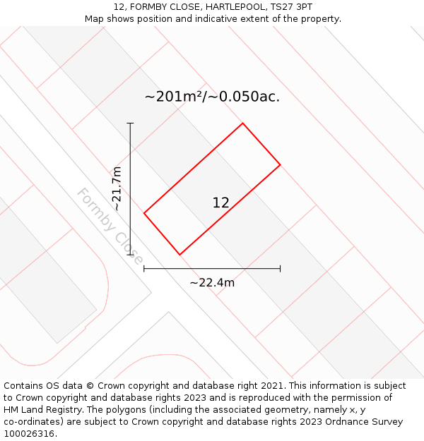 12, FORMBY CLOSE, HARTLEPOOL, TS27 3PT: Plot and title map