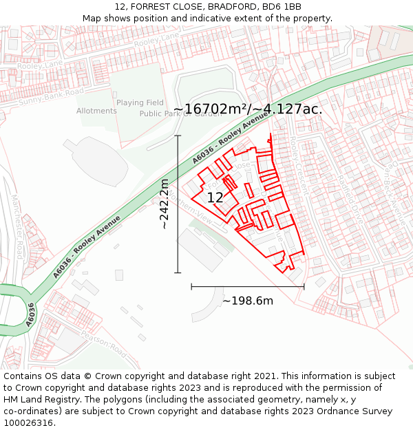 12, FORREST CLOSE, BRADFORD, BD6 1BB: Plot and title map