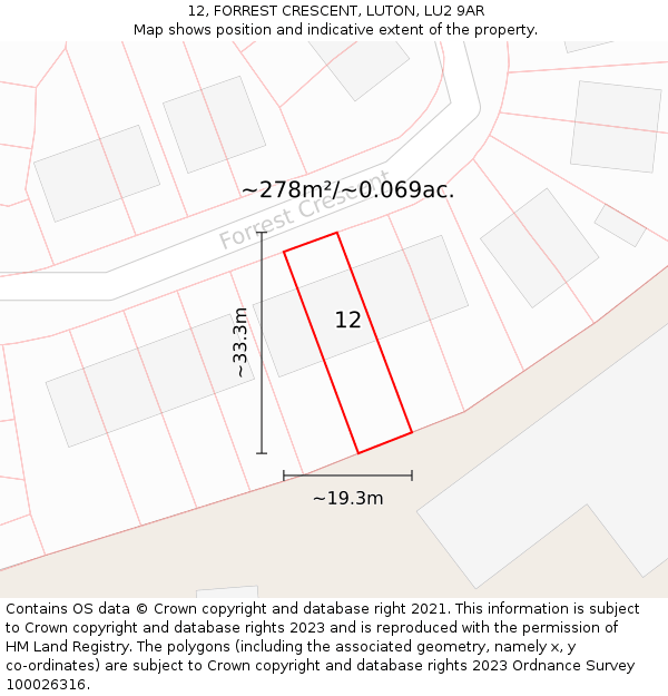 12, FORREST CRESCENT, LUTON, LU2 9AR: Plot and title map