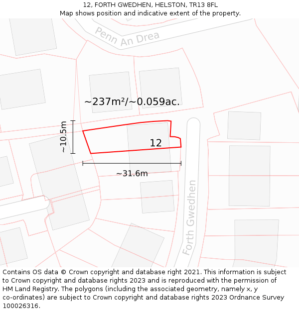 12, FORTH GWEDHEN, HELSTON, TR13 8FL: Plot and title map