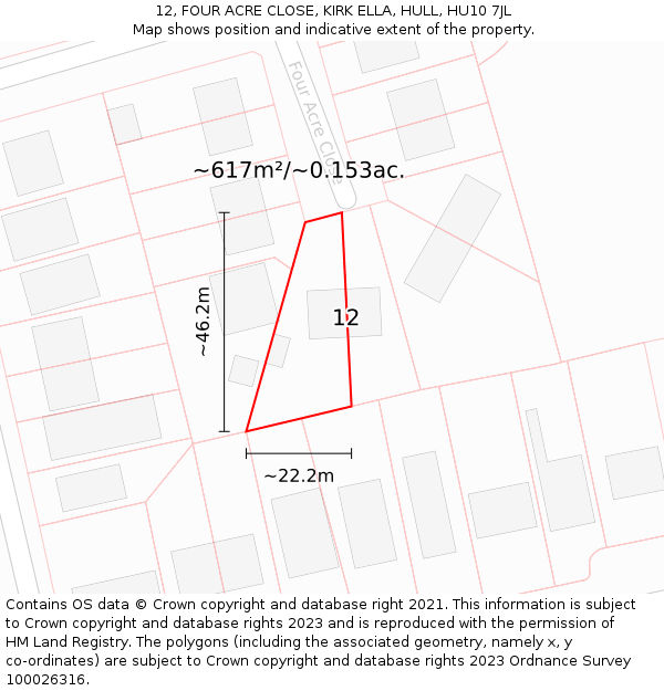 12, FOUR ACRE CLOSE, KIRK ELLA, HULL, HU10 7JL: Plot and title map