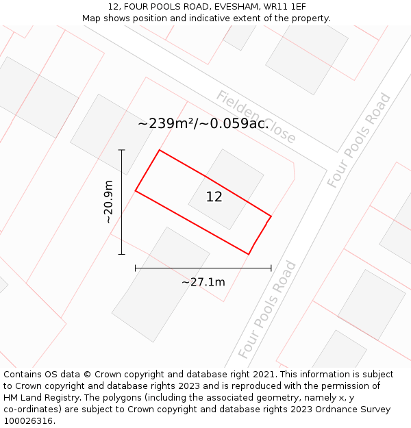 12, FOUR POOLS ROAD, EVESHAM, WR11 1EF: Plot and title map