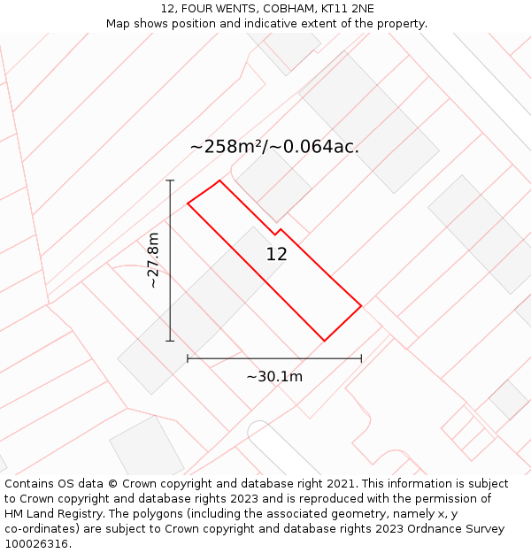 12, FOUR WENTS, COBHAM, KT11 2NE: Plot and title map