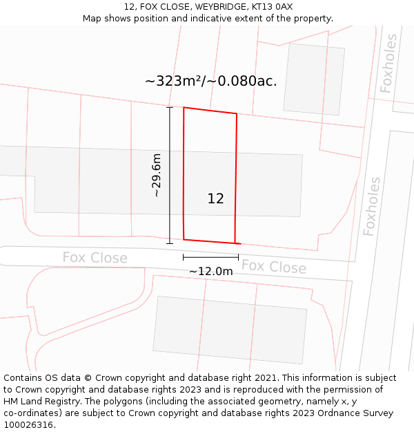 12, FOX CLOSE, WEYBRIDGE, KT13 0AX: Plot and title map