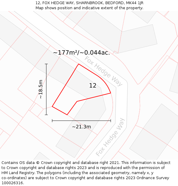 12, FOX HEDGE WAY, SHARNBROOK, BEDFORD, MK44 1JR: Plot and title map