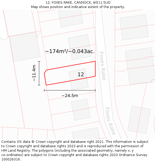 12, FOXES RAKE, CANNOCK, WS11 5UD: Plot and title map