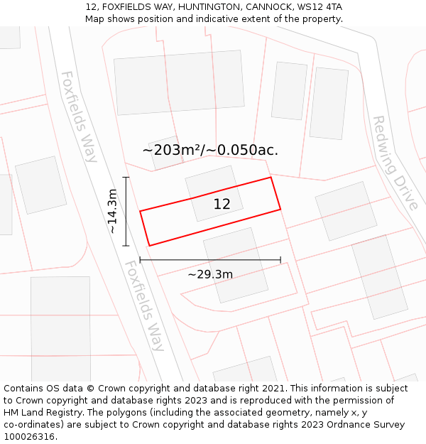 12, FOXFIELDS WAY, HUNTINGTON, CANNOCK, WS12 4TA: Plot and title map