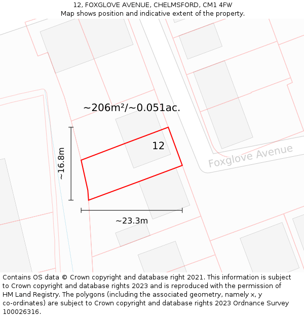 12, FOXGLOVE AVENUE, CHELMSFORD, CM1 4FW: Plot and title map