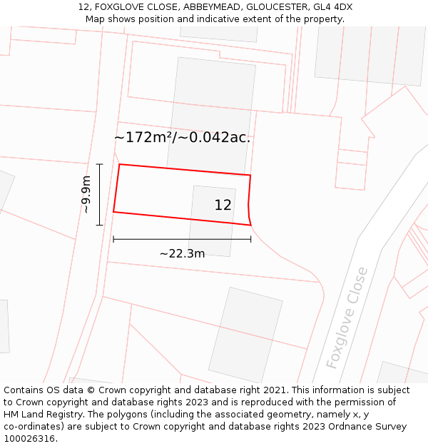 12, FOXGLOVE CLOSE, ABBEYMEAD, GLOUCESTER, GL4 4DX: Plot and title map