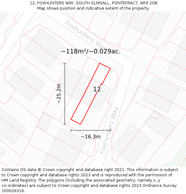 12, FOXHUNTERS WAY, SOUTH ELMSALL, PONTEFRACT, WF9 2SB: Plot and title map