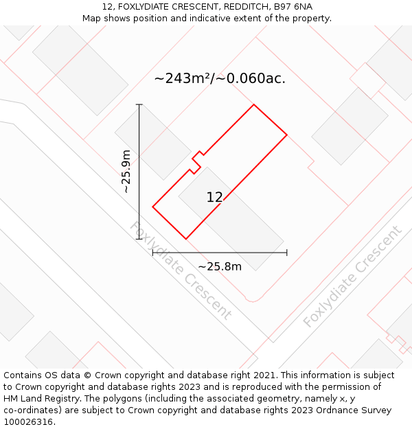 12, FOXLYDIATE CRESCENT, REDDITCH, B97 6NA: Plot and title map