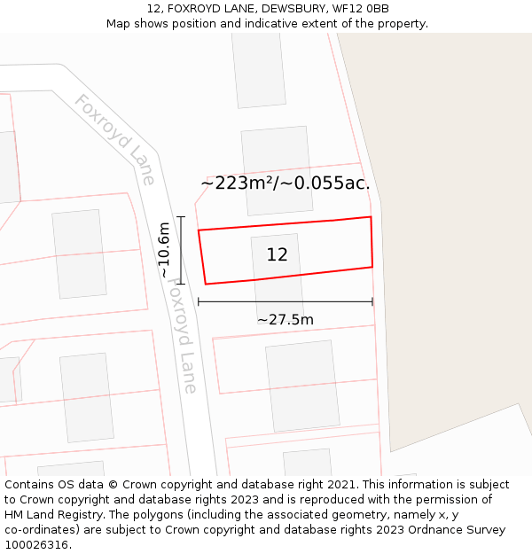 12, FOXROYD LANE, DEWSBURY, WF12 0BB: Plot and title map