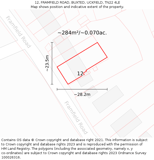 12, FRAMFIELD ROAD, BUXTED, UCKFIELD, TN22 4LE: Plot and title map
