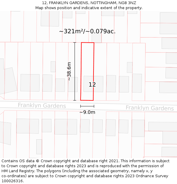12, FRANKLYN GARDENS, NOTTINGHAM, NG8 3NZ: Plot and title map
