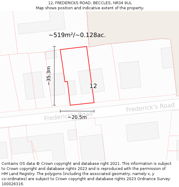 12, FREDERICKS ROAD, BECCLES, NR34 9UL: Plot and title map
