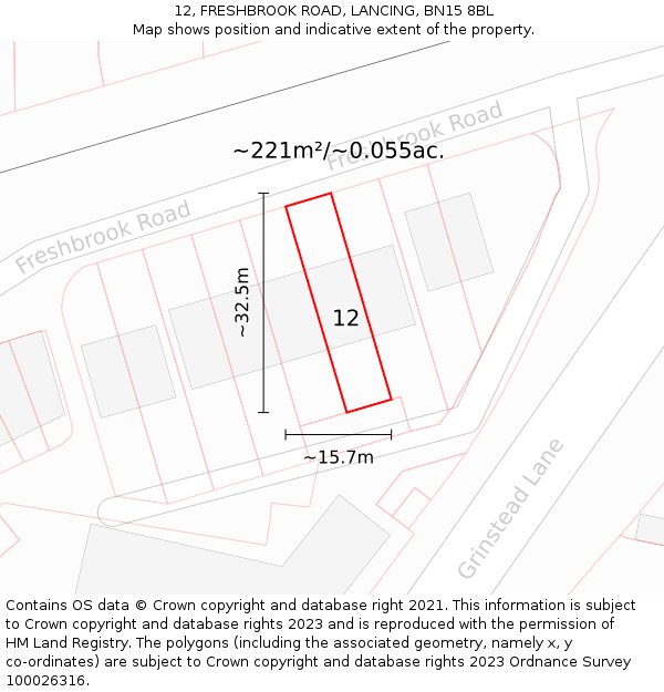 12, FRESHBROOK ROAD, LANCING, BN15 8BL: Plot and title map