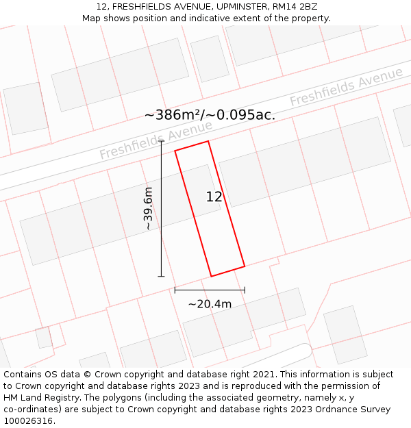 12, FRESHFIELDS AVENUE, UPMINSTER, RM14 2BZ: Plot and title map